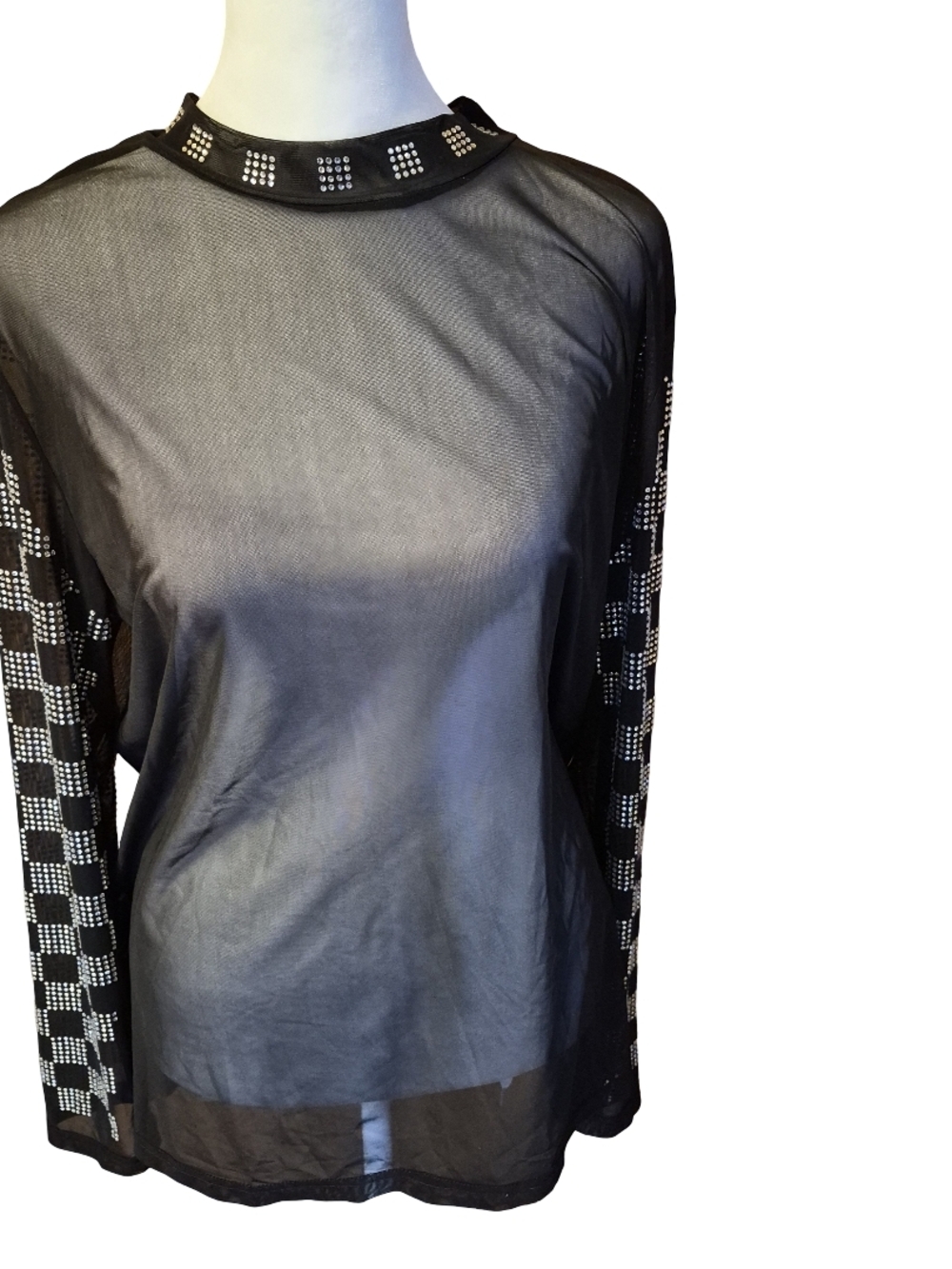 NWT Sterling Kreek Black Sheer Top with Studded Neckline and Checker Sleeves